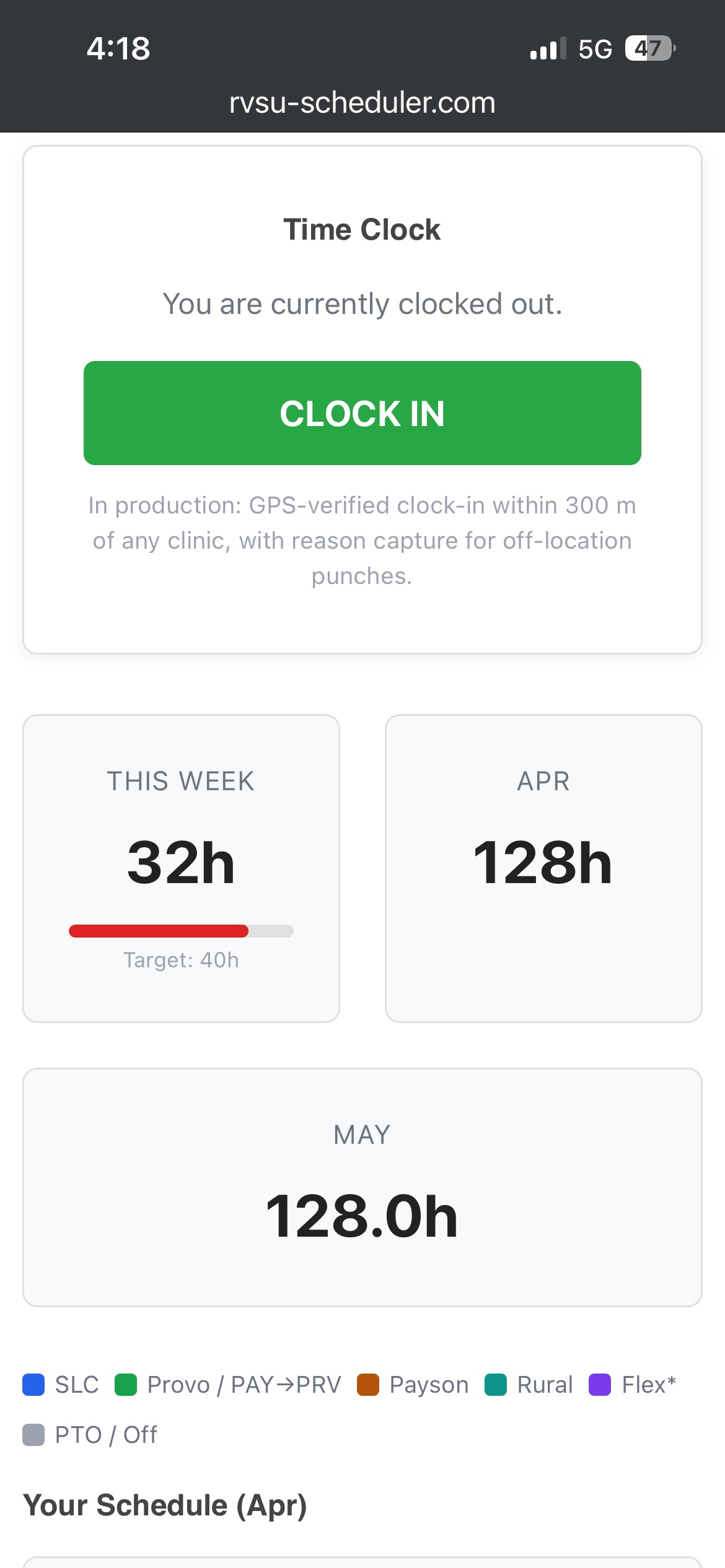 RVSU Scheduler mobile time clock with GPS-verified clock-in and weekly hours