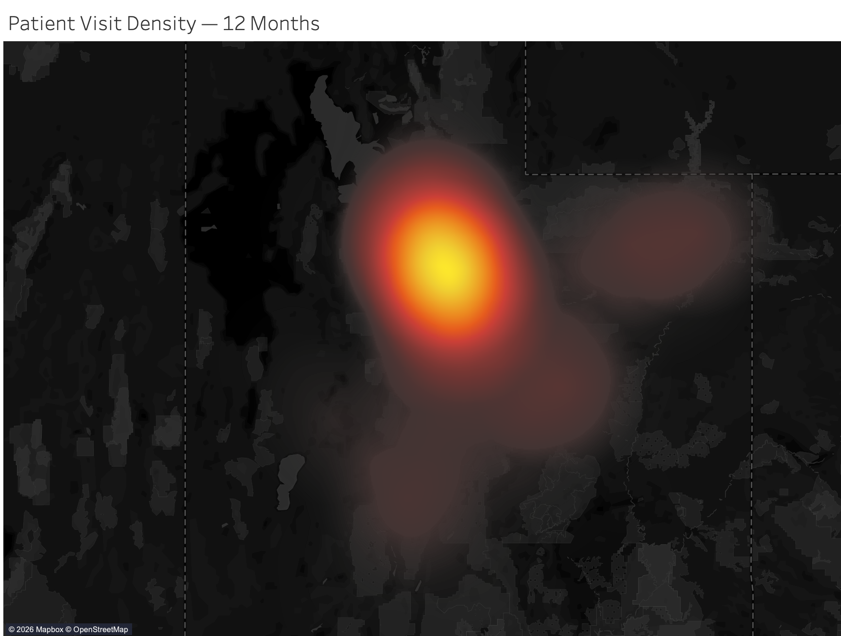 Kernel density heatmap of patient visit volume across Utah. Specific values and markets redacted for competitive confidentiality.