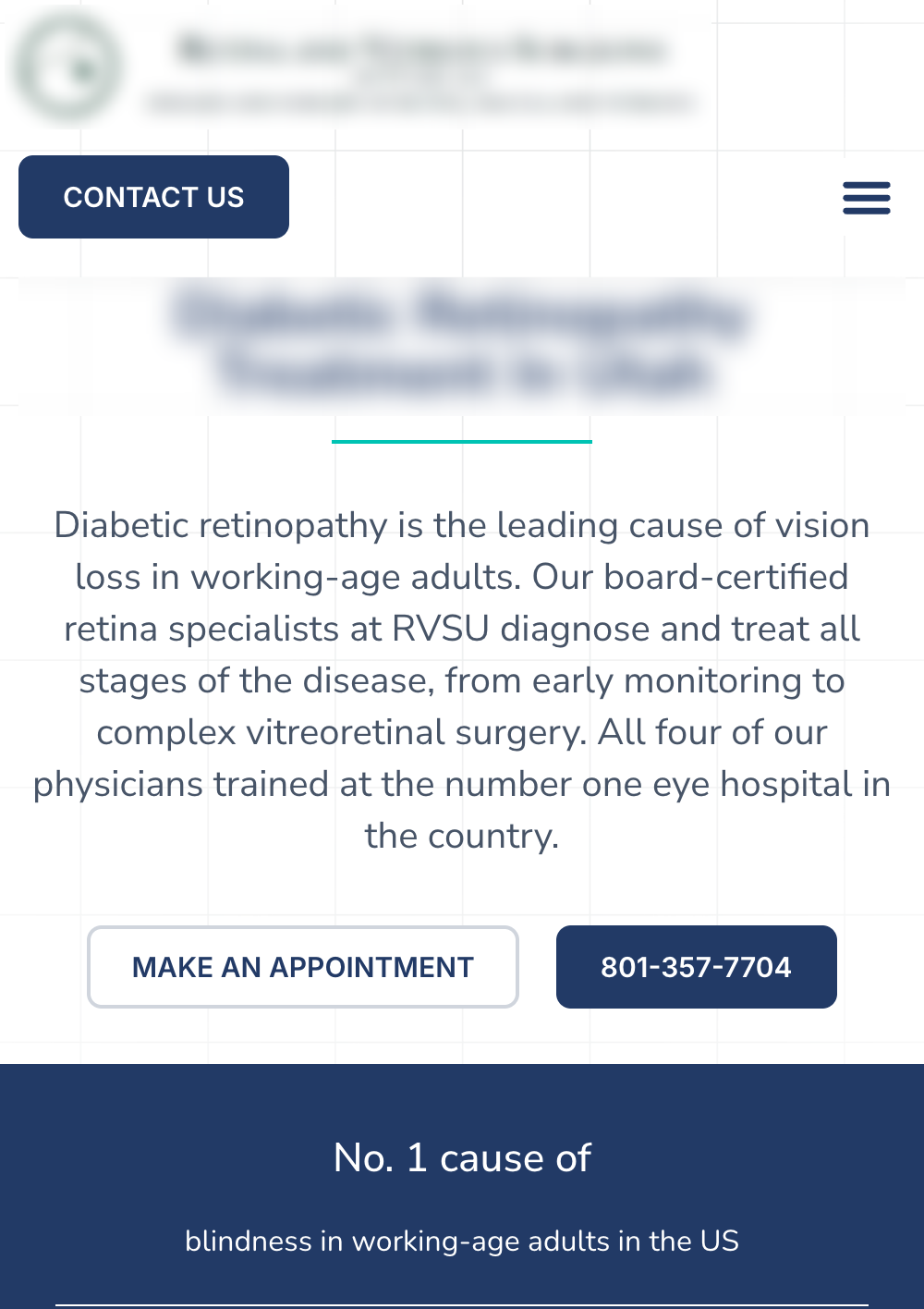 Diabetic Retinopathy service page on utahretina.com mobile. Practice logo and page H1 blurred; body content, CTAs, and design system remain fully readable to show the redesigned site in production.